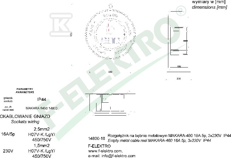 Rozgałęźnik bębnowy, MAKARA-460 32A 5p, - 14800-17